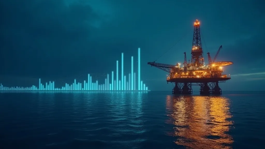 Gloeiende olieplatform op see in die Noordsee langs 'n helder sian- en goudkleurige prysgrafiek teen 'n donker indigo-agtergrond