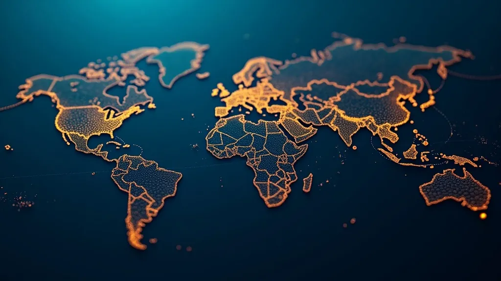 Netwerk van gloeiende olietenkskepe en globale skeepvaartroetes uitgestippel in sian teen donker vlootblou, met 'n helder goudkleurige prysyn