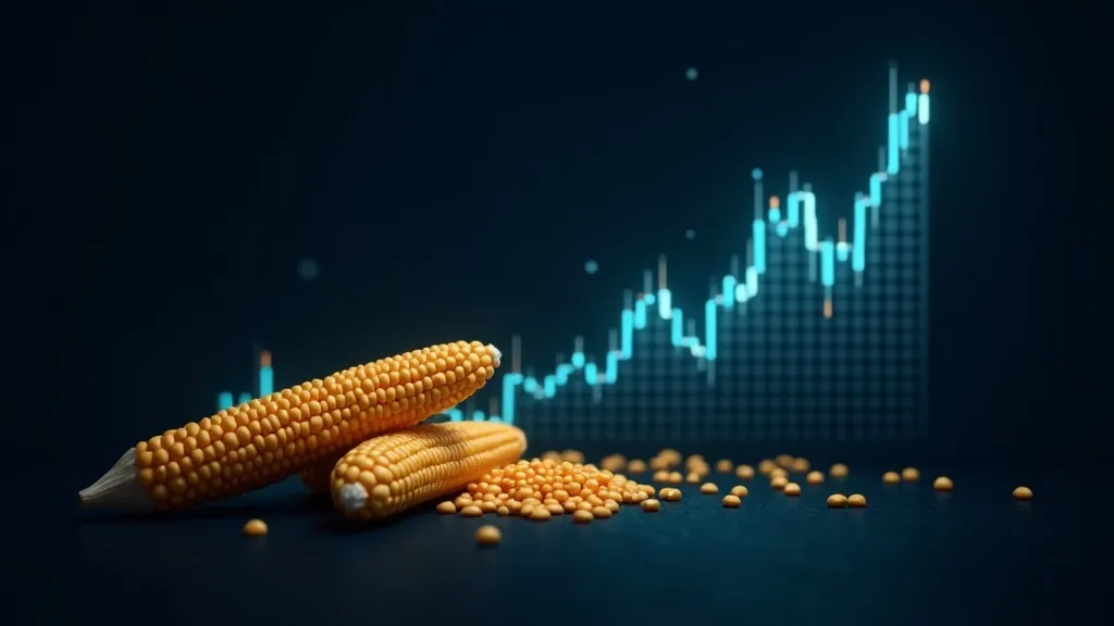 Stilisierte leuchtende Maiskolben neben einem ansteigenden Preischart in Cyan und Gold auf dunklem Indigohintergrund