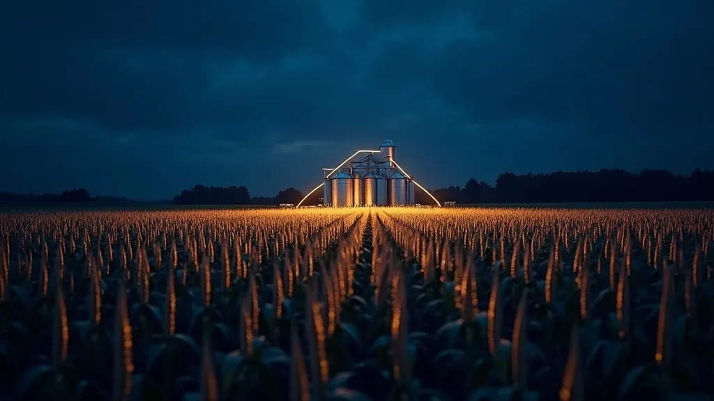 Reihen eines leuchtenden Maisfelds, die zu Getreidesilos führen, mit einer leuchtenden Preislinie in Cyan und Gold