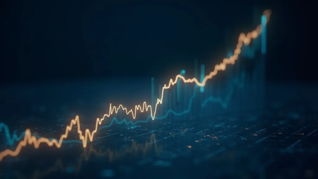 Abstraktní zářící graf širokého akciového indexu stoupající na tmavě modrém pozadí