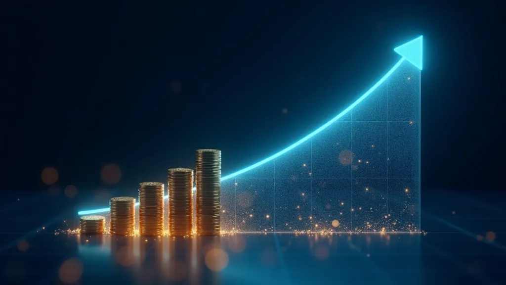 Abstract glowing upward exponential growth curve with stacking coins in dark navy with cyan and gold light