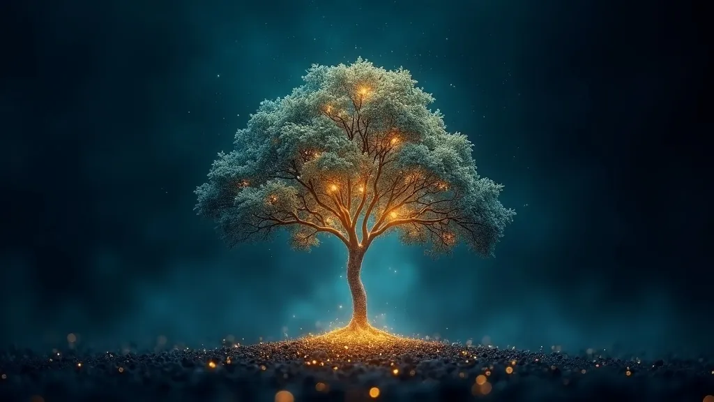 A small seed of light growing into a large glowing tree of value over time in dark navy with cyan and gold tones