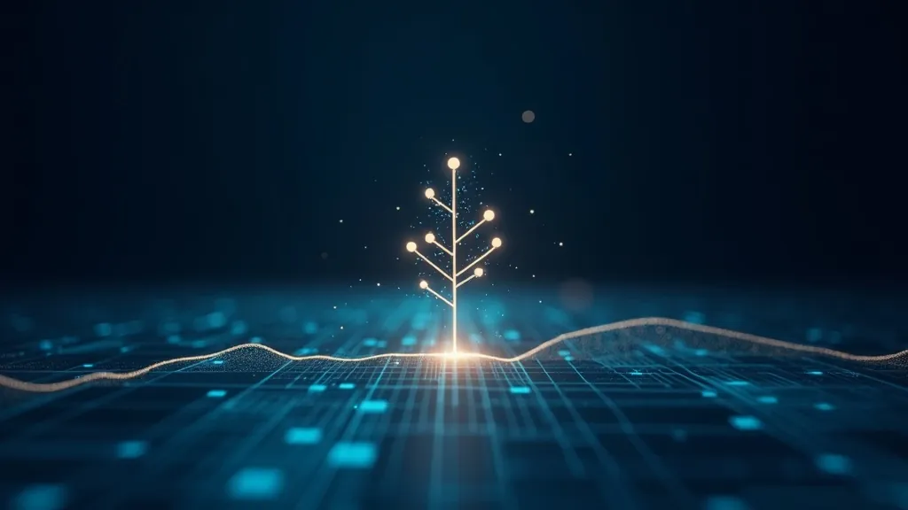 Sigbladrooster wat verander in 'n gloeiende boom van JSON-hakies in siaan en goud