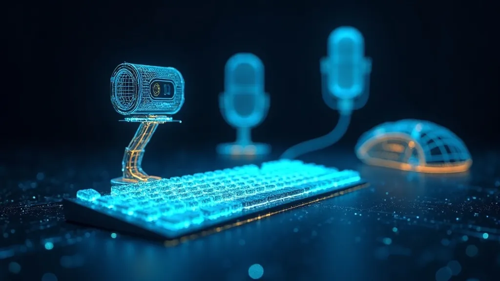Abstraktní zářivá webkamera, mikrofon, klávesnice a myš vykreslené jako azurový a zlatý drátěný hardware na tmavě indigovém pozadí