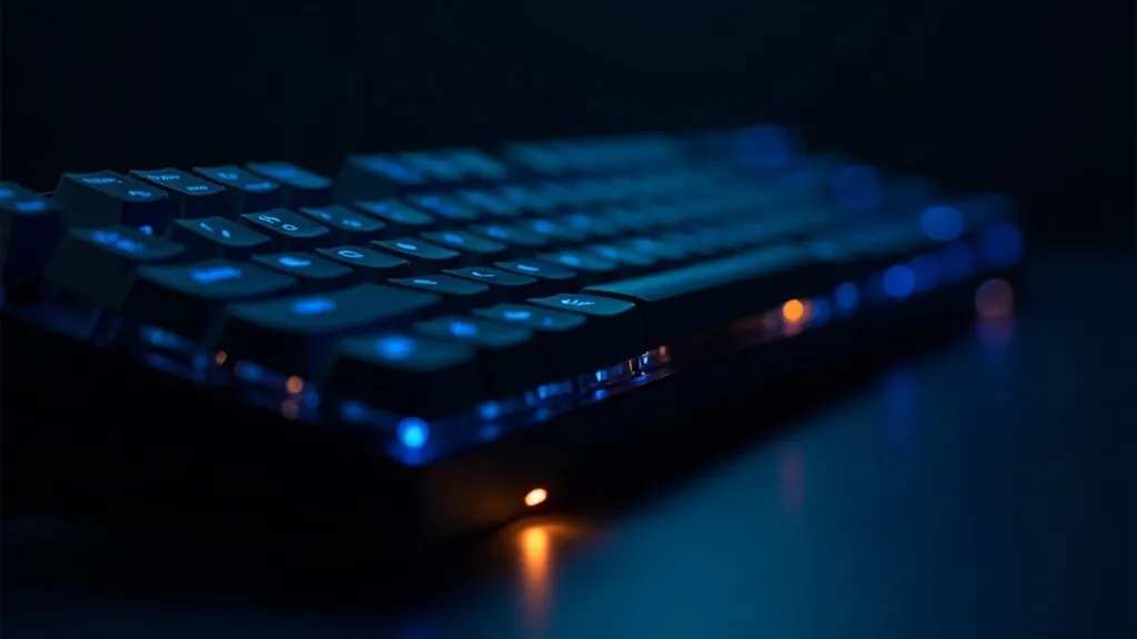 Zářící mechanická klávesnice s jednotlivými klávesami rozsvícenými azurově a zlatě na tmavě indigovém pozadí