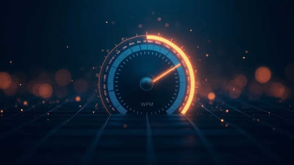Abstrakti hehkuva WPM-nopeusmittari yhdistettynä syaanin ja kullan väriseen tarkkuusrenkaaseen tummansinisellä taustalla