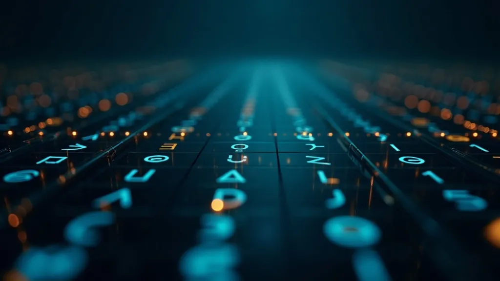 شبكة متوهّجة من بلاطات صور تخطيطية مجرّدة بلون سماوي وذهبي على خلفية كحلية داكنة، بلا حروف