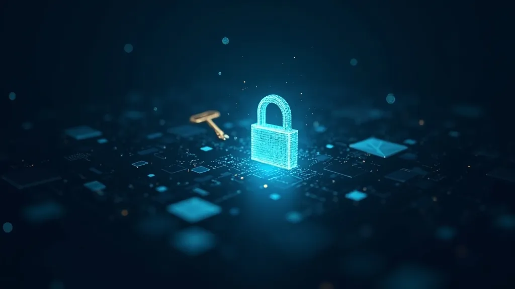 Zářivá mřížka ve stylu QR kódu a abstraktní klíč vznášející se nad tmavě indigovým pozadím, znázorňující online generátory hesel a kódů