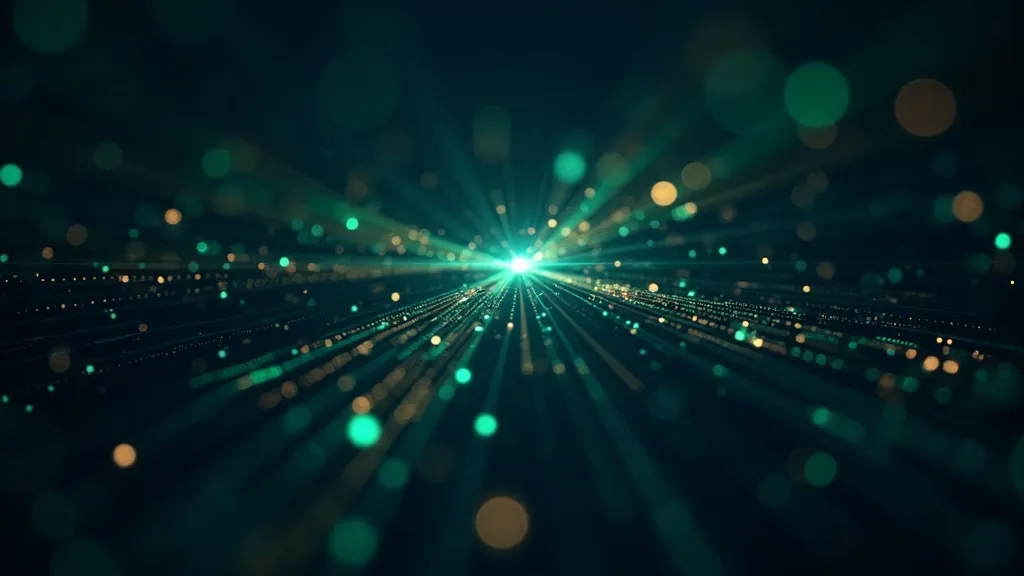 Abstrakte visualisering van webversoeke en -response met gloeiende groen, amber en rooi statusligte