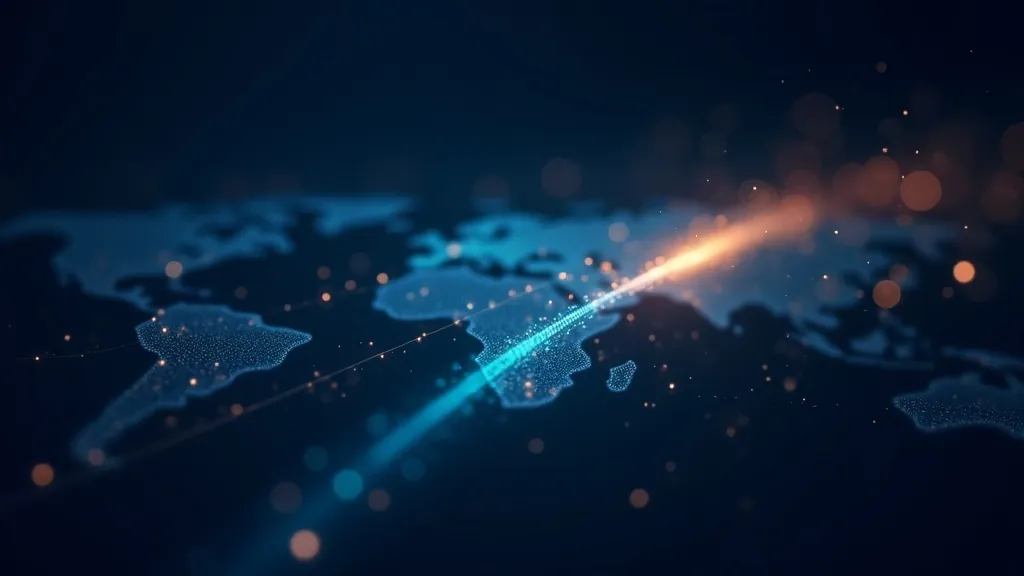 Zářivý azurový signální impuls putující po síťové trase přes tmavě indigovou mapu k vzdálenému serverovému uzlu
