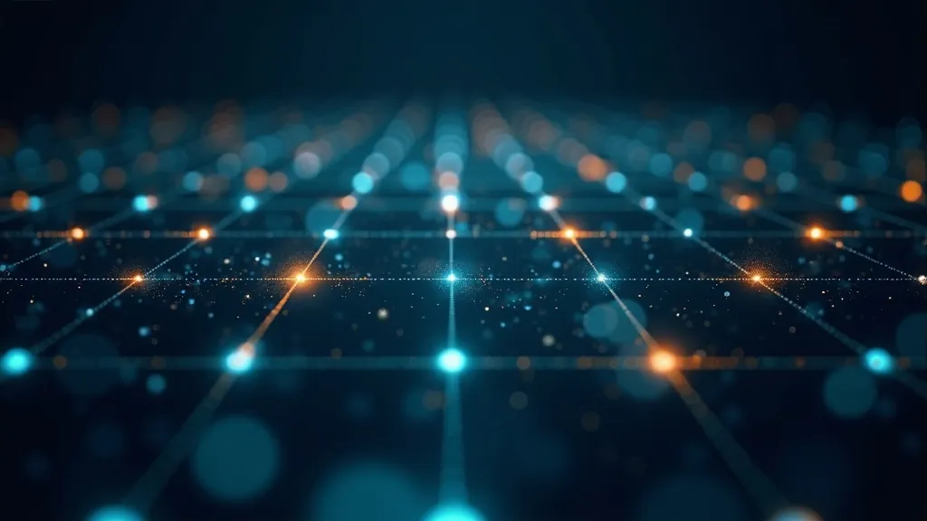 Abstraktes leuchtendes Raster aus Referenzdaten und ein Gitter im Stil des Periodensystems in dunklem Indigo mit Cyan- und Goldakzenten