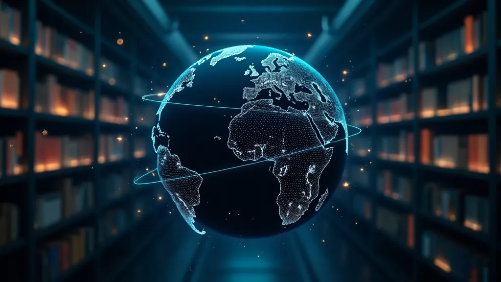 Abstrakter Globus, umhüllt von leuchtenden cyanfarbenen Verbindungslinien, die Ländercodes und eine endlose Datenbibliothek darstellen