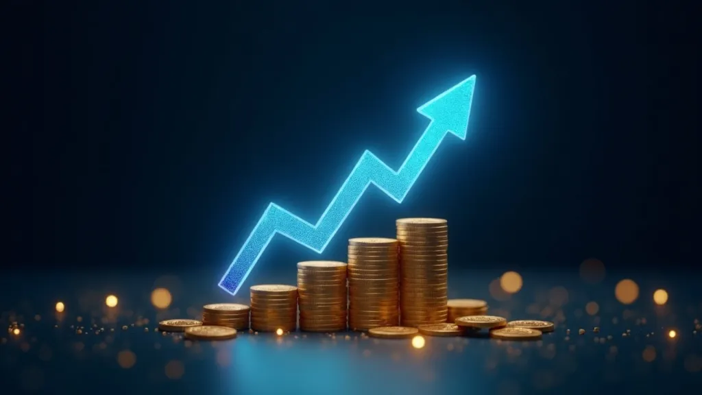 Freccia ciano e oro luminosa che sale da una pila di monete astratte su sfondo blu indaco, che simboleggia il ritorno sull'investimento