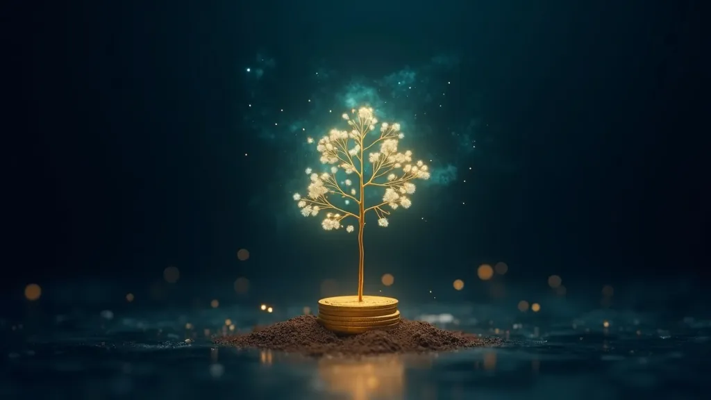 Una singola moneta d'oro luminosa che germoglia in un albero luminoso di monete ciano su sfondo blu scuro, che visualizza la crescita dell'investimento