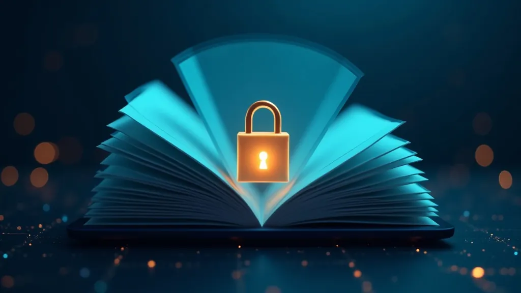 PDF-Seiten, die sich hinter einem Datenschutz-Schloss auf einem lokalen Gerät auffächern, mit cyanfarbenen und goldenen Akzenten